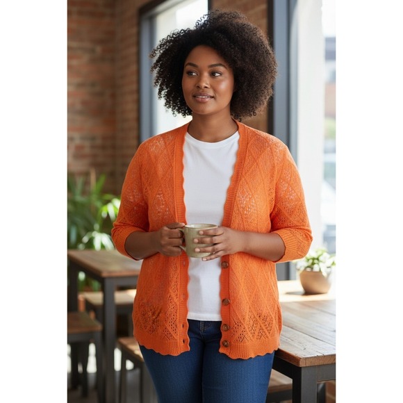 torrid Sweaters - (H-237)Torrid Womens Orange Open Knit Cardigan Sweater Size 2X Plus Short Sleeve